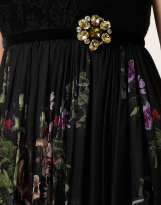 Trägerloses Kleid mit schwarzem Blumenschlüsselprint und Kristallen