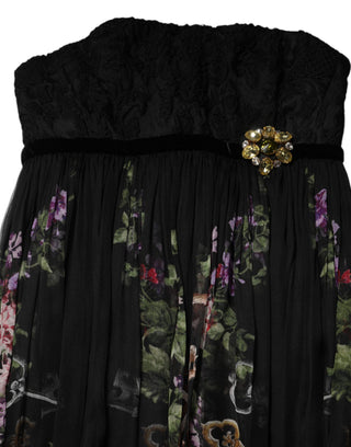 Trägerloses Kleid mit schwarzem Blumenschlüsselprint und Kristallen