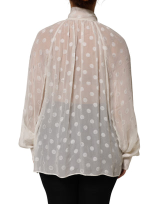Weiße Polka-Punkte transparente Seiden-Schleifenbluse
