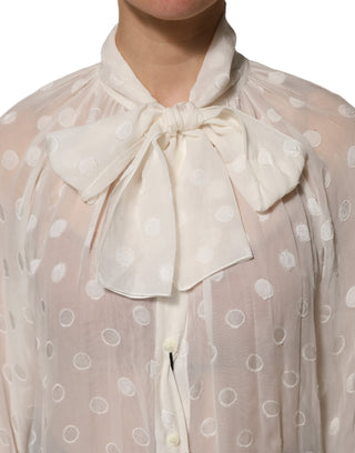 Weiße Polka-Punkte transparente Seiden-Schleifenbluse