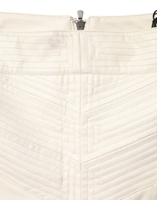 Beige Faux Leather Quilted Mini High Waist Women  Skirt