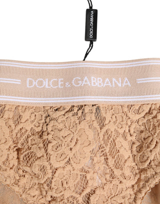 Beige Spitzen-Brasiliano-Slip Unterwäsche mit Logo-Bund