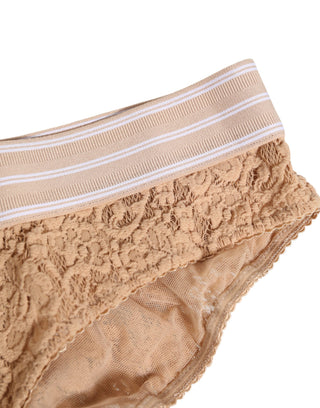 Beige Spitzen-Brasiliano-Slip Unterwäsche mit Logo-Bund