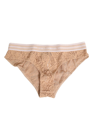 Beige Spitzen-Brasiliano-Slip Unterwäsche mit Logo-Bund