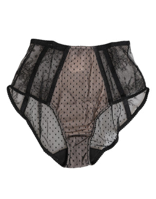Schwarze, transparente Unterwäsche mit hohem Bund, Tupfen und Spitze
