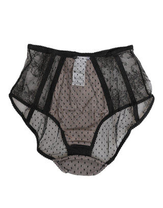 Schwarze, transparente Unterwäsche mit hohem Bund, Tupfen und Spitze