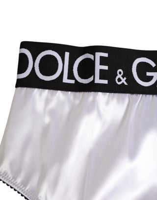Weißer Satin Taillenhohe Damenunterwäsche mit schwarzem Logo