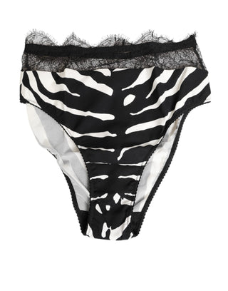 Ropa interior de cintura alta con ribete de encaje y estampado de cebra blanco y negro