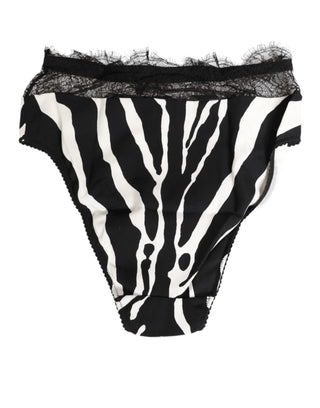 Ropa interior de cintura alta con ribete de encaje y estampado de cebra blanco y negro