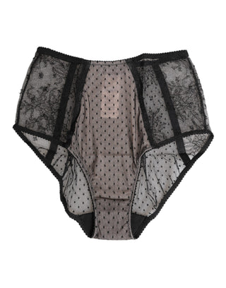 Schwarze, transparente Unterwäsche mit hohem Bund, Tupfen und Spitze