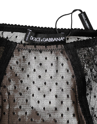 Schwarze, transparente Unterwäsche mit hohem Bund, Tupfen und Spitze