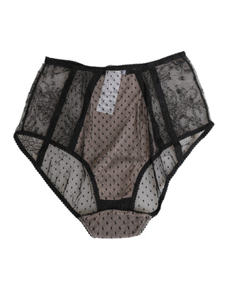 Schwarze, transparente Unterwäsche mit hohem Bund, Tupfen und Spitze