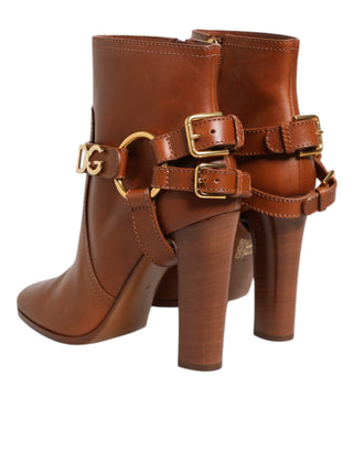 Brown Leather DG Logo Buckle Ankle Boots Shoes