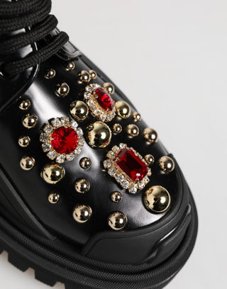 Black Leather Jeweled Crystals Derby Shoes