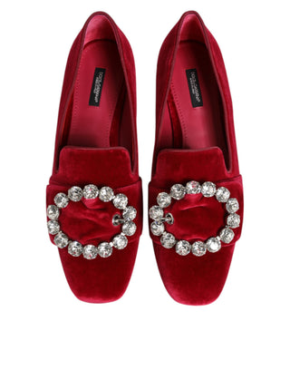 Rote Samt Kristall Schnallen Loafer Ballerinas