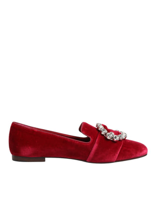 Rote Samt Kristall Schnallen Loafer Ballerinas