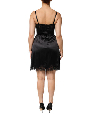 Schwarzes ärmelloses Mini-Kleid aus Seidenmischung mit Spitze