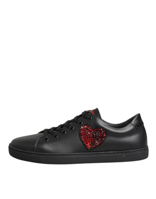 Black Leather Crystal Heart Low Top Sneakers  Shoes