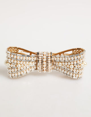 Broche dorado de latón con cristal de vidrio y perlas falsas