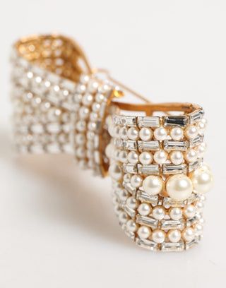 Gold Brass Glas Crystal Faux Pearl Embellished Brooch