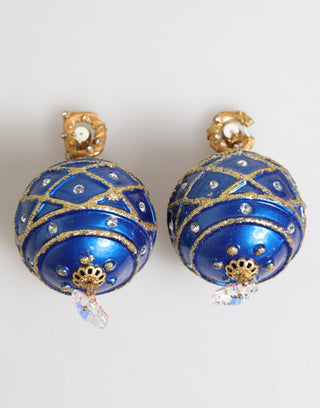 Pendientes de clip con bola de Navidad azul de latón dorado y cristal