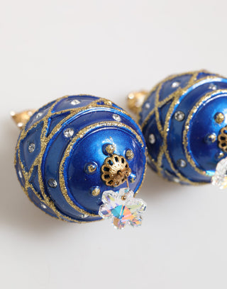 Gold Brass Blue Christmas Ball Crystal Drop Clip On Earrings