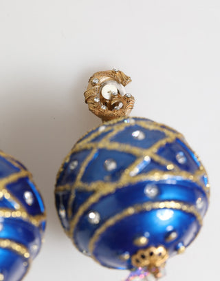 Gold Brass Blue Christmas Ball Crystal Drop Clip On Earrings