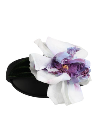 Schwarzes grünes Seiden-lila weißes Haarband mit Blumenapplikation
