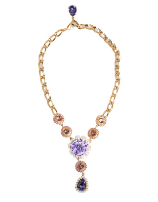 Collar de joyería con colgante floral púrpura de latón dorado, cristal y perla