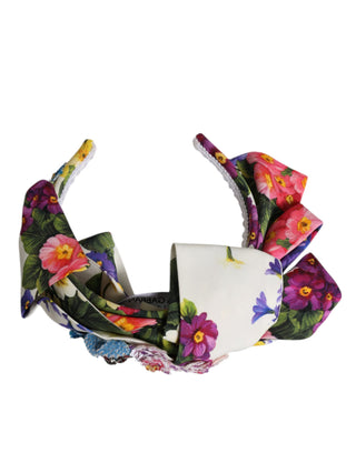 Weißes, mehrfarbiges Stirnband aus Seide mit Blumenmuster und Kristallverzierung