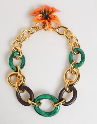 Collar chai floral de lirio tigre de latón dorado multicolor