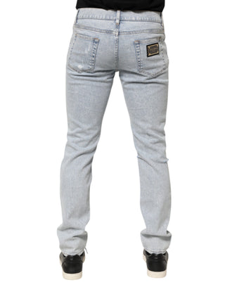 Light Blue Distressed Slim Fit Ripped Denim Jeans