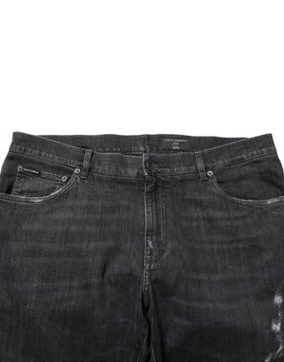 Black Cotton Slim Fit Distressed Ripped Logo Jeans
