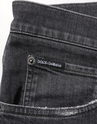 Black Cotton Slim Fit Distressed Ripped Logo Jeans