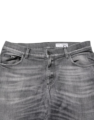 Grey Cotton Denim Slim Fit Distressed Pants Jeans