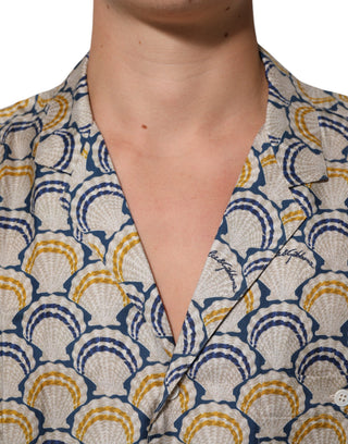 Cream Cotton Silk Hawaii Scallop Shell Print Shirt