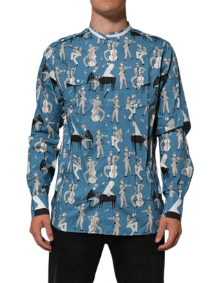 Camisa Azul de Algodón con Estampado Jazz y Botones al Frente  
