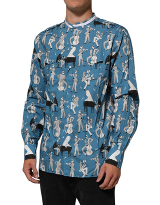 Camisa Azul de Algodón con Estampado Jazz y Botones al Frente  