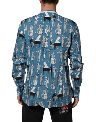 Camisa Azul de Algodón con Estampado Jazz y Botones al Frente  