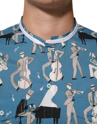 Camisa Azul de Algodón con Estampado Jazz y Botones al Frente  