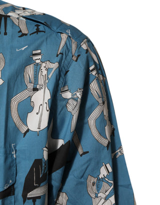 Camisa Azul de Algodón con Estampado Jazz y Botones al Frente  