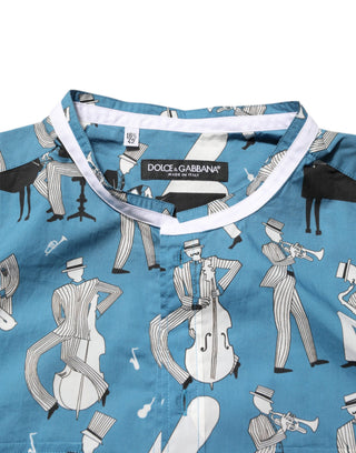 Camisa Azul de Algodón con Estampado Jazz y Botones al Frente  