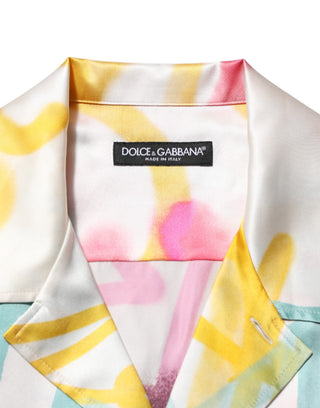 White Silk Hawaiian Graffiti Print Men Casual Shirt
