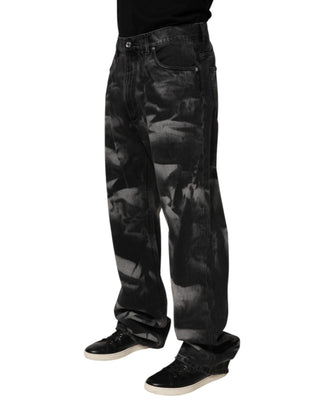 Black Marbled Effect Straight Men Denim Jeans