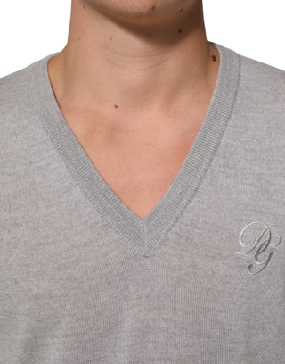 Gray Wool Knit Logo V-Neck Pullover Sweater