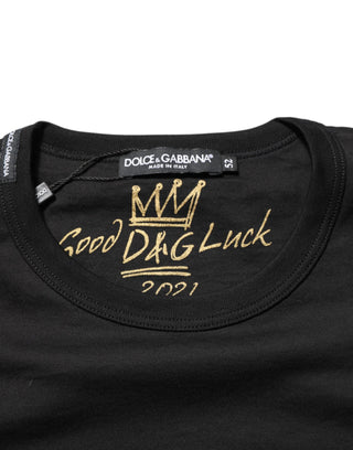 Schwarzes Goodluck 2021 Baumwoll-T-Shirt mit Rundhalsausschnitt