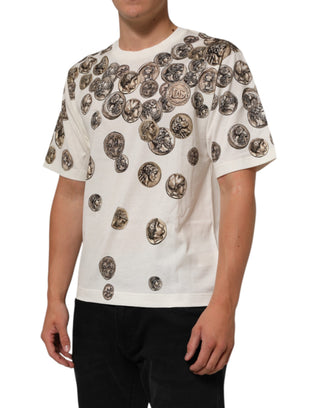 Weißes T-Shirt für Herren mit Münzdruck und Rundhalsausschnitt aus Baumwolle