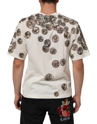 Weißes T-Shirt für Herren mit Münzdruck und Rundhalsausschnitt aus Baumwolle