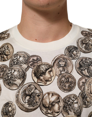 Weißes T-Shirt für Herren mit Münzdruck und Rundhalsausschnitt aus Baumwolle