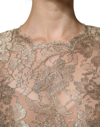 Goldfarbenes Minikleid aus floraler Spitze im Etui-Stil mit A-Linie